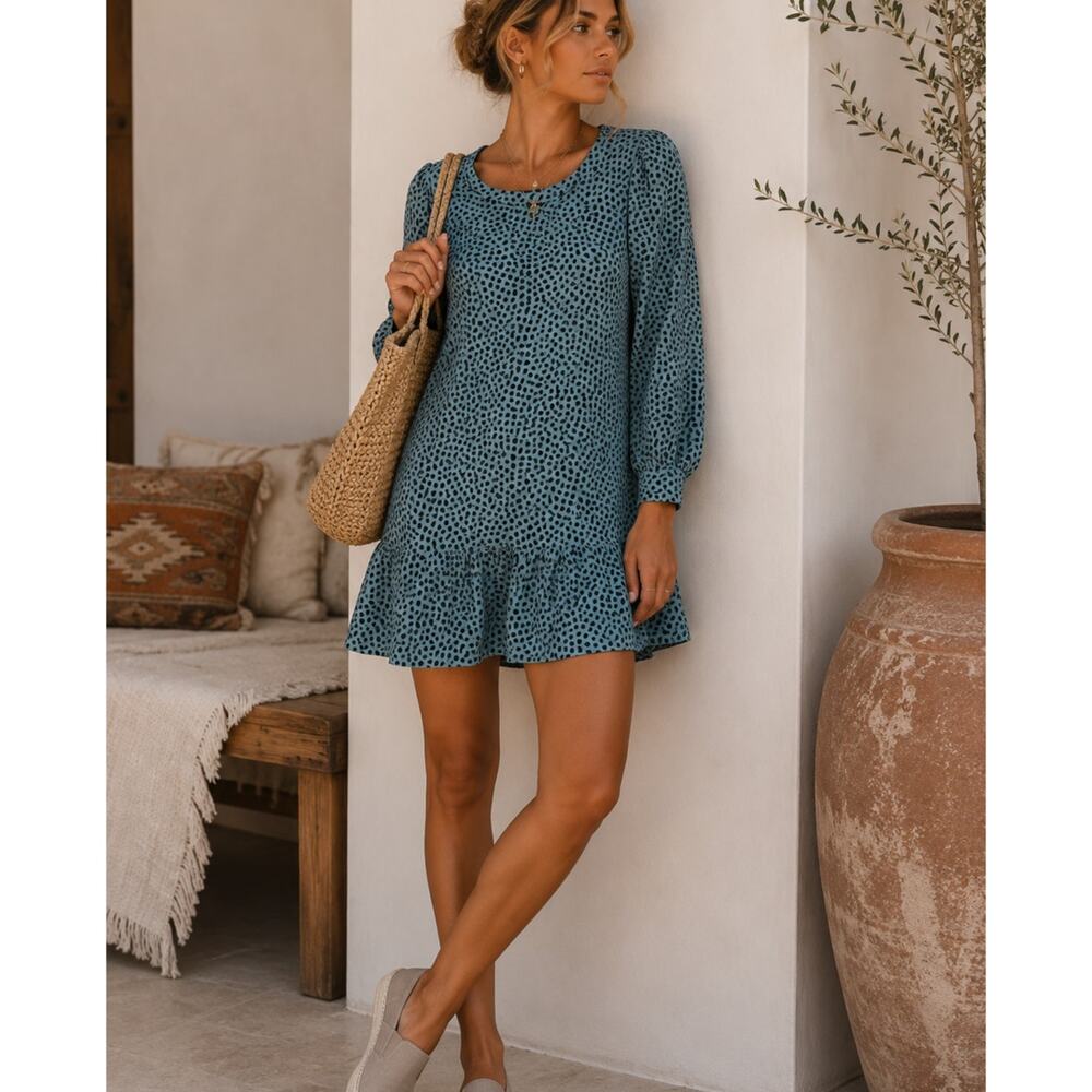 Ann Taylor Teal Blue Long Sleeve Animal Print Mini Dress Womens MP Peplum Fall